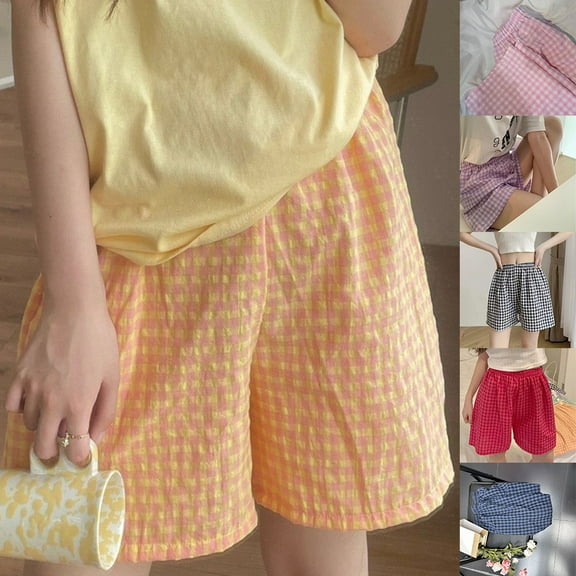 Womens Summer Y2K Plaid Shorts Casual Korean Style Sweet High Waist Wide Leg Purple YIWEI