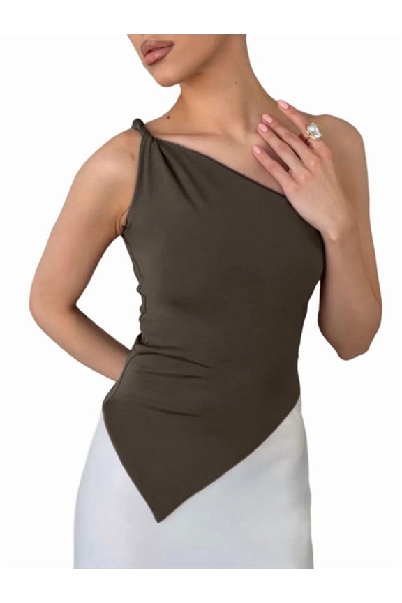 Womens Summer Y2K Tops Sleeveless One Shoulder Slim Fit Shirts Ruched Knit Asymmetrical Top Blouse Chestnut Color S