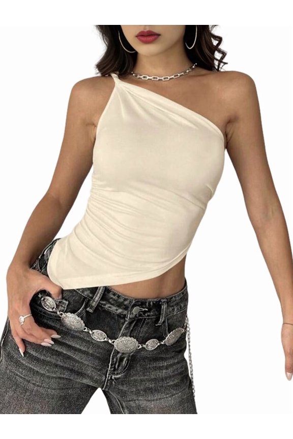 Womens Summer Y2K Tops Sleeveless One Shoulder Slim Fit Shirts Ruched Knit Asymmetrical Top Blouse Color XL