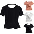 thumbnail image 1 of Womens Summer Yoga Shirts Cap Sleeve Crew Neck Open Back Cutout Crop Tops Cross Wrap Hem with Built-in Support Bra Stretchy Breathable Slim Fit Athletic Running Gym Tees Black S, 1 of 9
