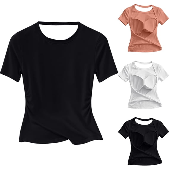 Womens Summer Yoga Shirts Cap Sleeve Crew Neck Open Back Cutout Crop Tops Cross Wrap Hem with Built-in Support Bra Stretchy Breathable Slim Fit Athletic Running Gym Tees Black S