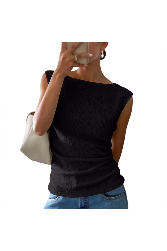Womens Summers Tops Boat Neck Sleeveless Textured Wave Fabric Ruched Side Casual Everyday Lightweight Blouses Black L
