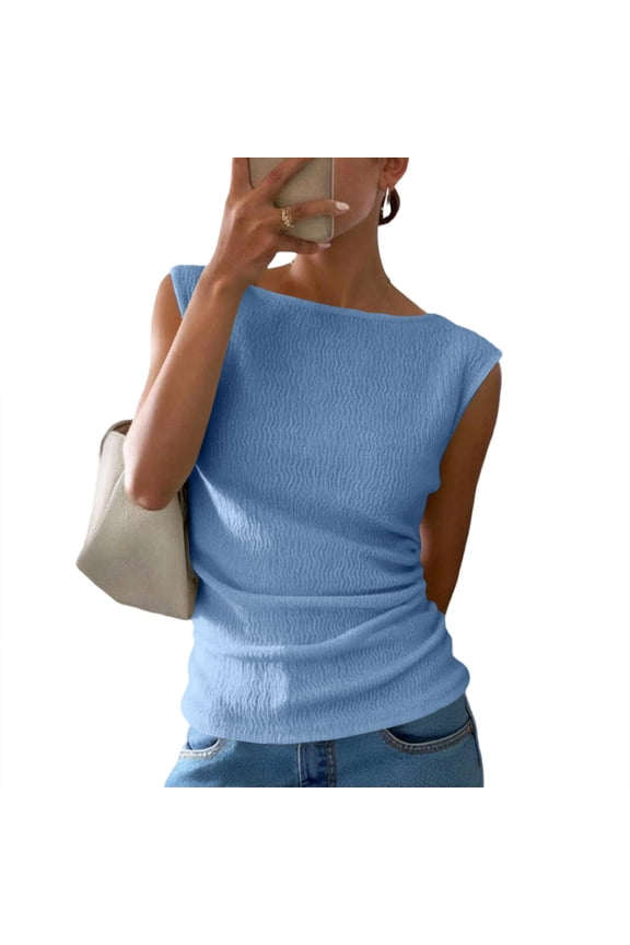 Womens Summers Tops Boat Neck Sleeveless Textured Wave Fabric Ruched Side Casual Everyday Lightweight Blouses Blue L