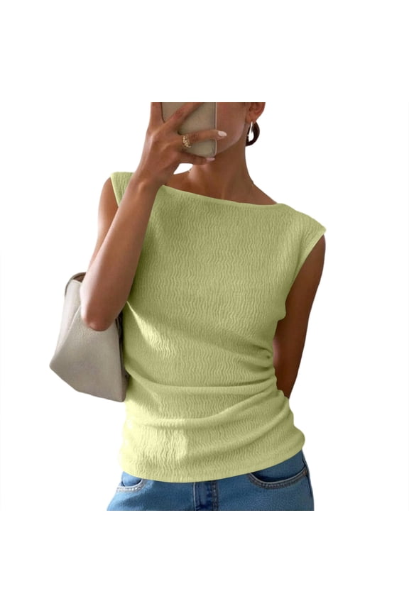 Womens Summers Tops Boat Neck Sleeveless Textured Wave Fabric Ruched Side Casual Everyday Lightweight Blouses Light Green S