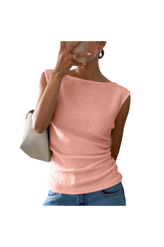 Womens Summers Tops Boat Neck Sleeveless Textured Wave Fabric Ruched Side Casual Everyday Lightweight Blouses Pink S