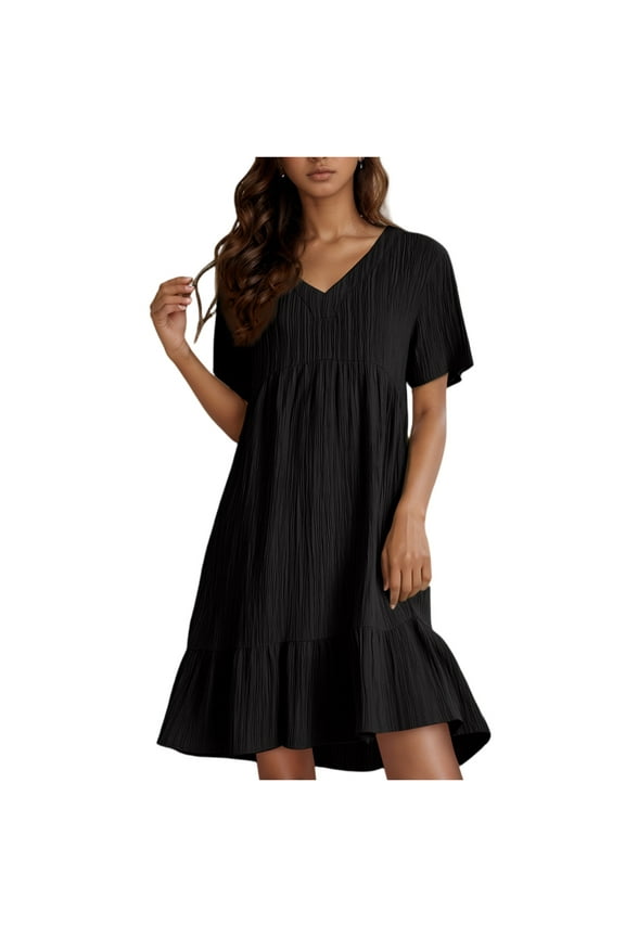 Cotton Linen Sundresses for Women Knee Length V Neck Cotton Linen Casual Beach Dresses Short Sleeve Ruffle Tiered Layered Elegant Gauze Dresses Black L