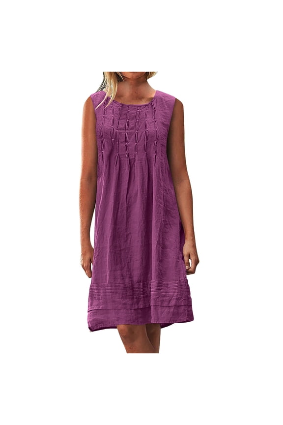 Womens Sun Dresses Summer Casual Cotton Linen Sleeveless Dress Solid Color Pleated Midi Beach Vacation Dresses for Women