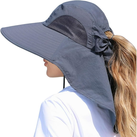 Womens Sun Hat Outdoor UV Protection Wide Brim Fishing Hat with Ponytail Hole Neck Flap for Beach Hiking Camping