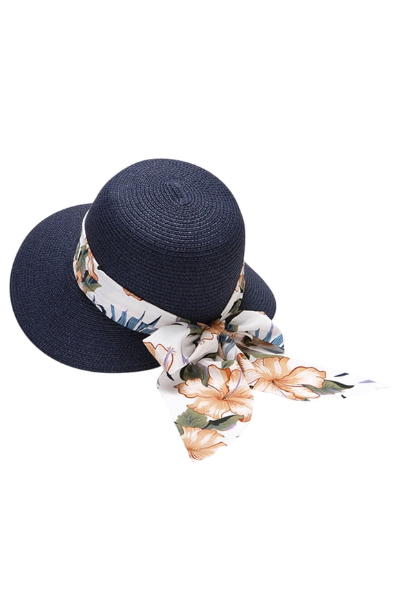 Womens Sun Hat Reversible Woven Straw Hollow Floral Pattern Bow Decor Breathable Foldable All Season Wide Brim Vacation Headwear