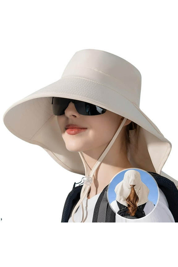 Womens Sun Hat Rollable UPF 50+ Wide Brim and Ponytail Hole, Hiking Safari Gardening Hat with Neck Flap, Beige