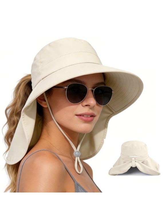 Womens Sun Hat Rollable UPF 50+ Wide Brim and Ponytail Hole, Hiking Safari Gardening Hat with Neck Flap, Beige
