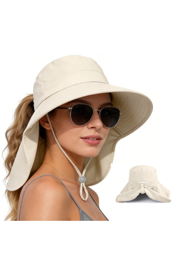 Womens Sun Hat Rollable UPF 50+ Wide Brim and Ponytail Hole, Hiking Safari Gardening Hat with Neck Flap, Beige