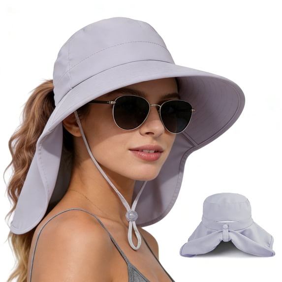 Womens Sun Hat Rollable UPF 50+ Wide Brim and Ponytail Hole, Hiking Safari Gardening Hat with Neck Flap, Gray