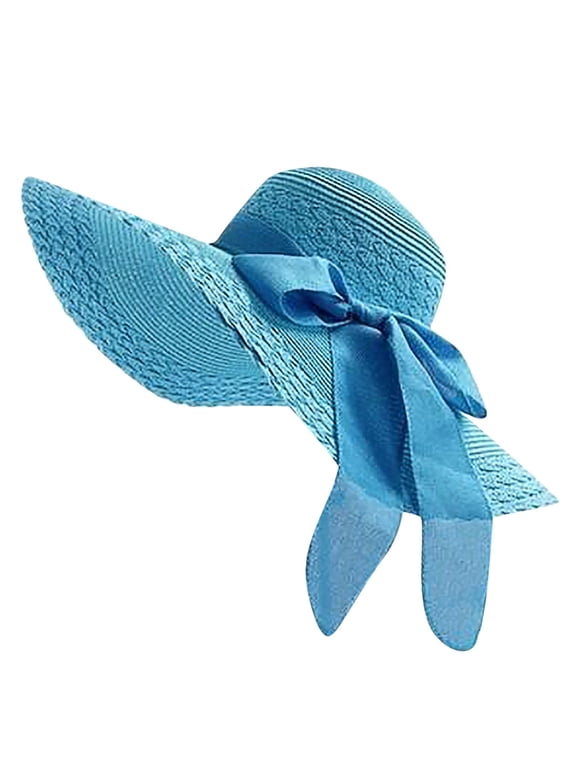 Womens Sun Hat Solid Color Natural Woven Straw Classic Floppy Wide Brim Fashion Bow Decor Daily Sun Visor Headwear