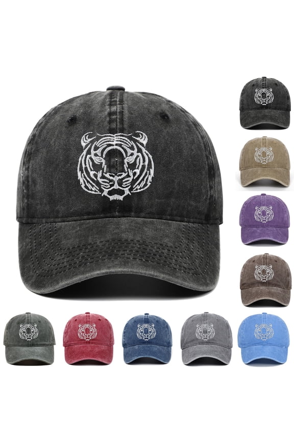 Womens Sun Hat Unisex Distressed Washed Tiger Embroidery Baseball Sun Visor Cap Grey One Size