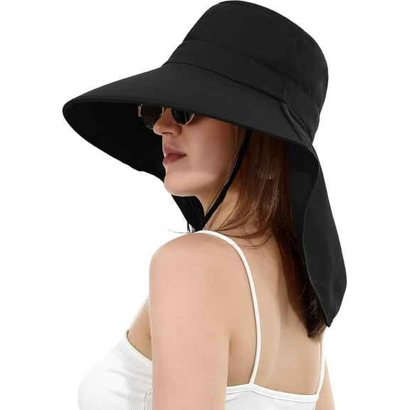 Womens Sun Hat Wide Brim with Ponytail Hole Neck Flap Outdoor UV Protection Foldable Fishing Cap UPF 50 