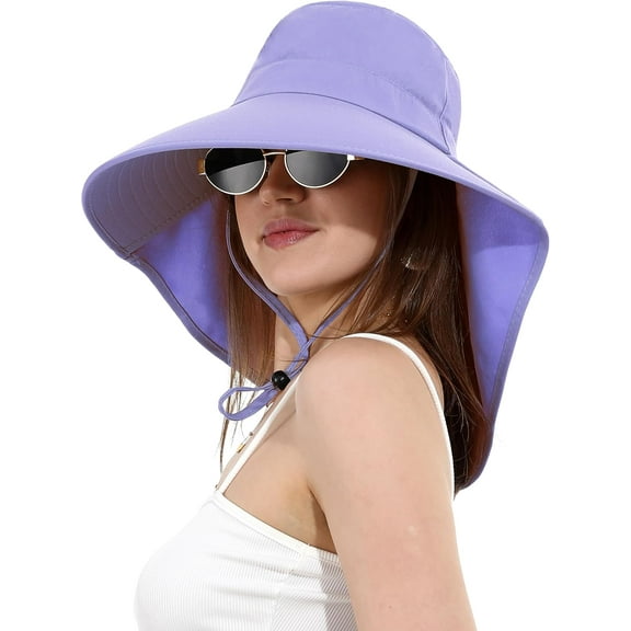 Womens Sun Hat Wide Brim with Ponytail Hole Neck Flap Outdoor UV Protection Foldable Fishing Cap UPF 50+