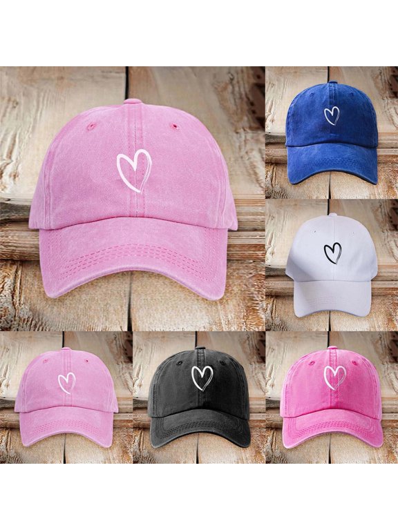 Womens Sun Hat Women Washed Heart Print Adjustable Baseball Cap Comfort Fit Pink One Size