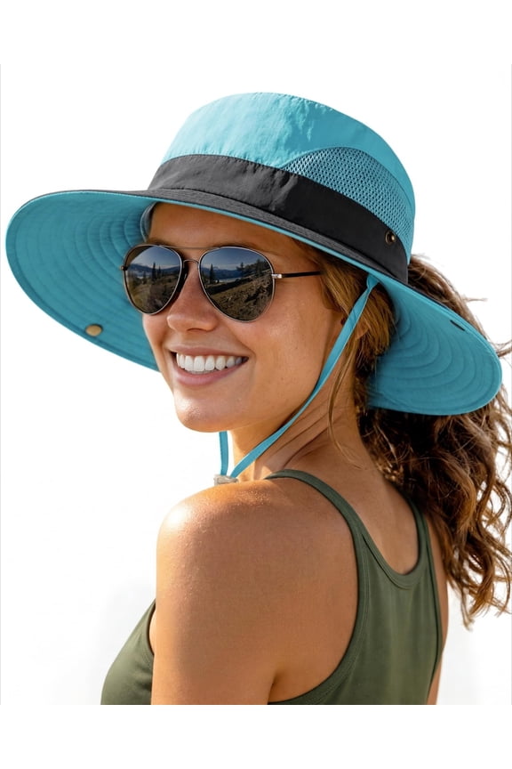 Womens Sun Hat with Ponytail Hole Beach Hiking Summer Wide Brim UPF 80+ Outdoor Protection Foldable Bucket Hat