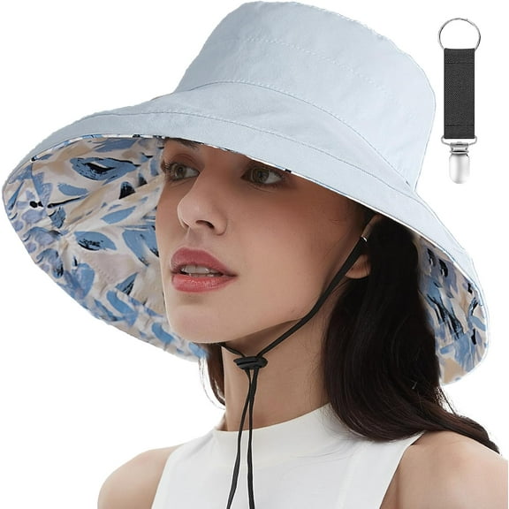 Womens Sun Hats Wide Brim Reversible Bucket Cotton Hat Packable Summer Travel Cap with Hat Clip,UV Protection