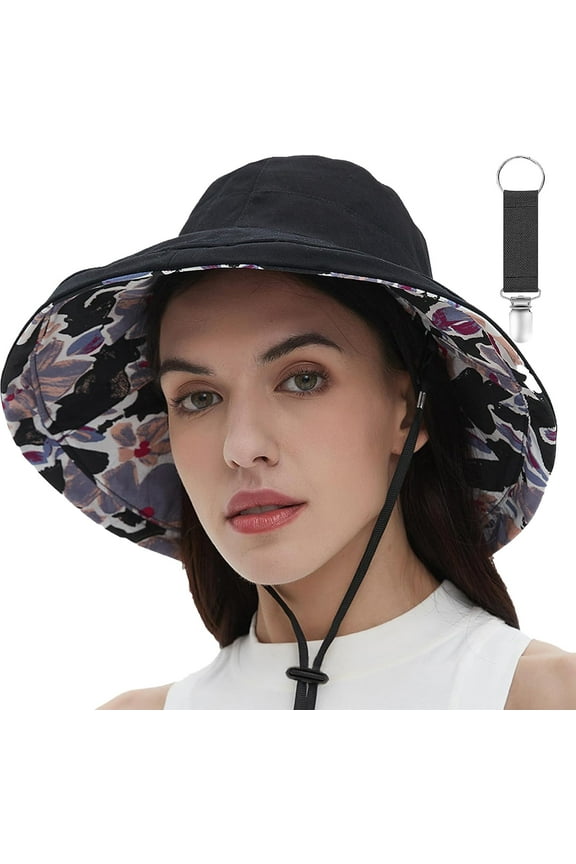 Womens Sun Hats Wide Brim Reversible Bucket Cotton Hat Packable Summer Travel Cap with Hat Clip,UV Protection