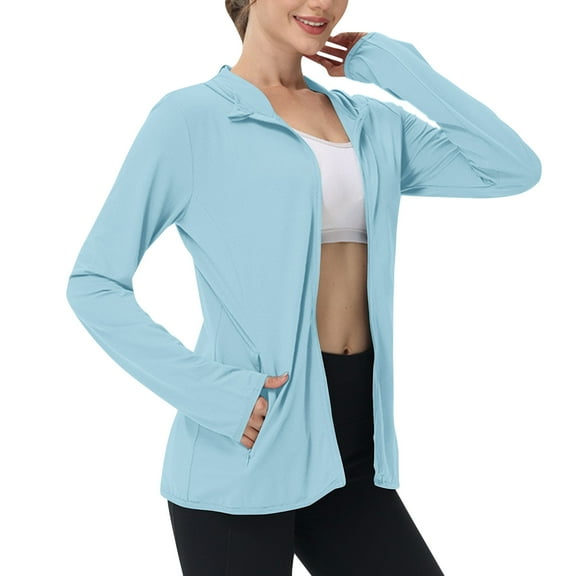 Womens Sun Protection Hooded Shirts Jackets Fashion Solid Zipper Full Sleeves Thin Hoodies Sweatshirt Blouse Tops Light Blue Medium