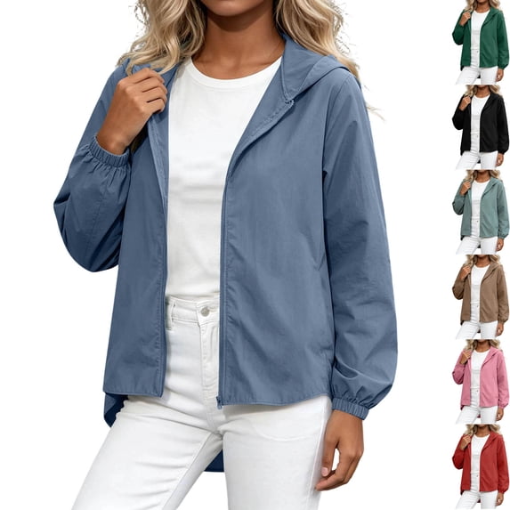 Womens Sun Protection Hoodie Jacket Lightweight Breathable Quick Dry Workout Active Zip Up Coat for Running Athleisure Golf Cycling Travel, Sky Blue, S