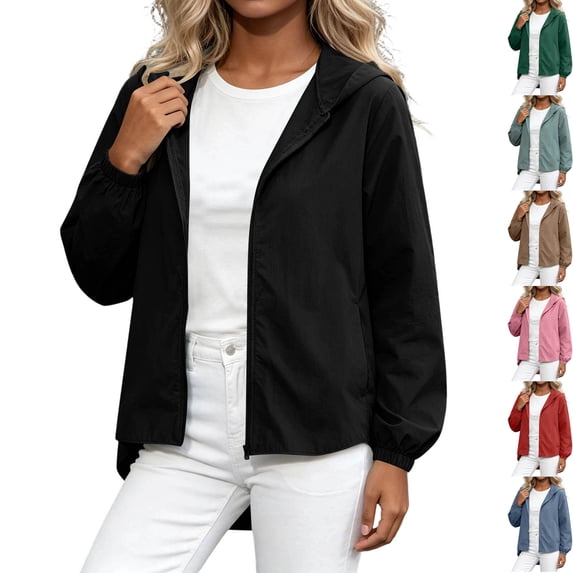 Womens Sun Protection Hoodie Jacket Lightweight Breathable Quick Dry Workout Active Zip Up Coat for Running Athleisure Golf Cycling Travel, Black, M