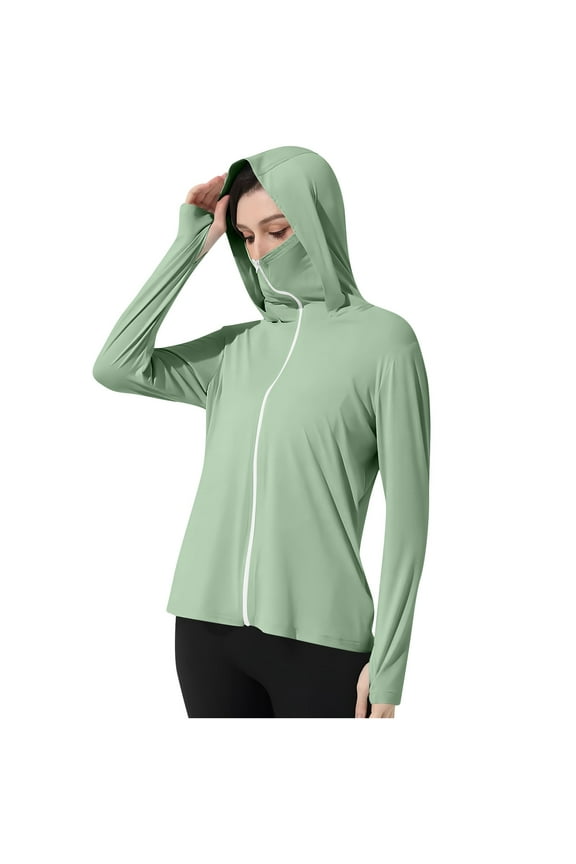 Womens Sun Protection Hoodie Summer UPF 50+ Long Sleeve Shirts with Mask Front Zipper Uv Spf T-Shirts Rash Guard Sun-Protective Clothing Light Breathable Clothes Trends 2025 Summer Tee Shirts