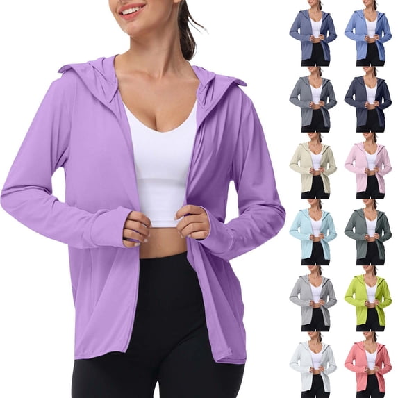 Womens Sun Protection Hoodie Zip Up Long Sleeve Lightweight Summer Outdoor Jacket With Pockets