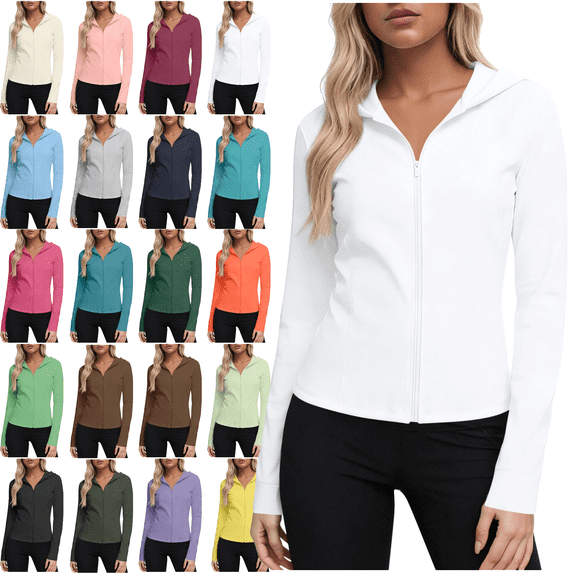 Womens Sun Protection Jackets Plus Size Long Sleeve Zip Up Hoodie Cinched Waist Slim Lightweight Athletic Running Rash Guard Tops S-5XL