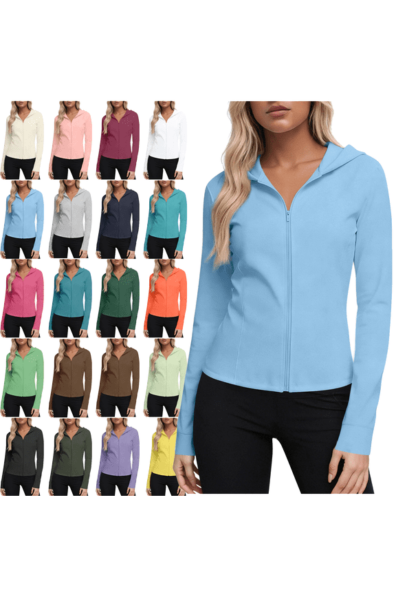 Womens Sun Protection Jackets Plus Size Long Sleeve Zip Up Hoodie Cinched Waist Slim Lightweight Athletic Running Rash Guard Tops S-5XL