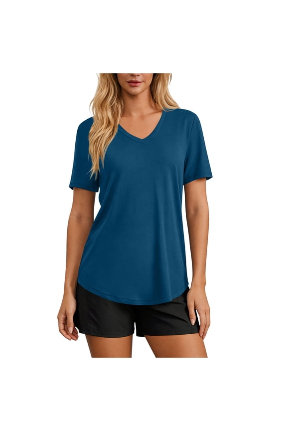 Womens Sun Protection Shirts V Neck Short Sleeve T Shirt UPF 50+ Lightweight Breathable Top with Curved Hem for Hiking Running Beach Outdoor