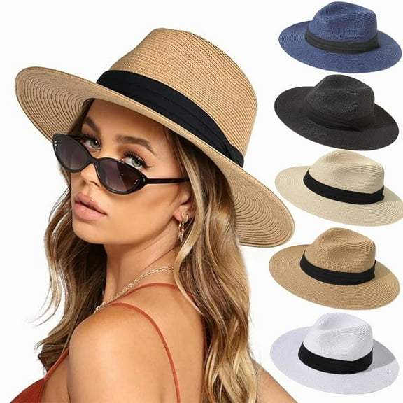 Womens Sun Straw Hat Beach Panama Hat UPF50 Foldable Packable Wide Brim Hat for Travel