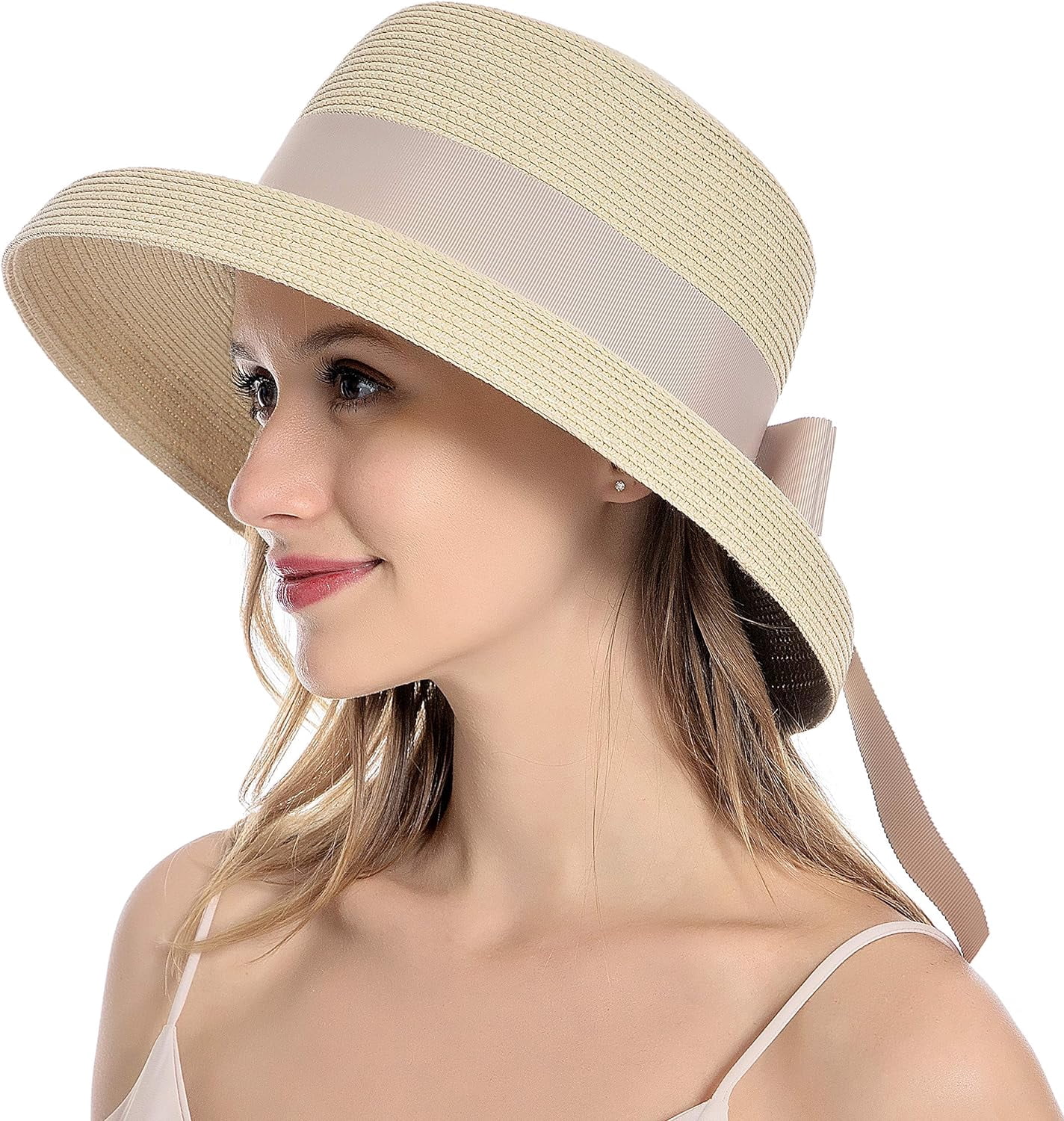 Women Vintage Cloche Sun Hat UPF 50+ Rolled Brim Straw Bucket Hat Travel Holzkary Women main image 4