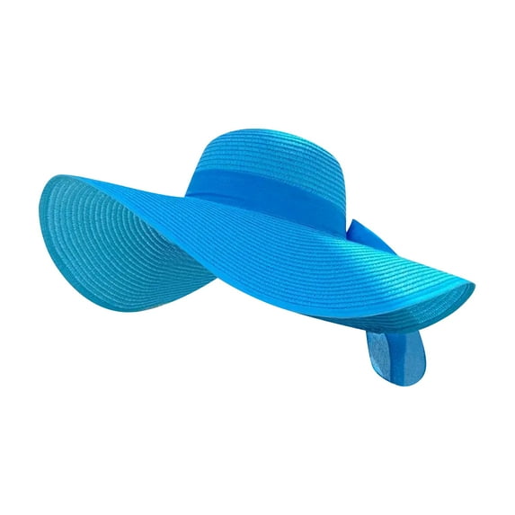 Womens Sun Straw Hat Wide Brim Summer Hat Foldable Roll up Floppy Beach Hats Blue