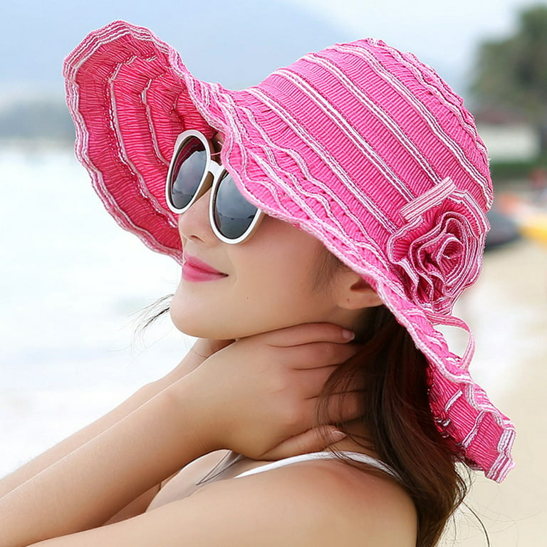 Womens Sun Straw Hat Wide Brim UPF 50 Summer Hat Foldable Roll up Floppy  Beach Hats for Women (Beige,Medium)