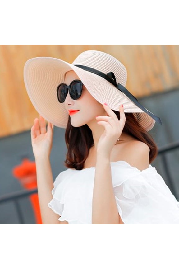Womens Sun Straw Hat Wide Brim UPF 50 Summer Hat Foldable Roll up Floppy Beach Hats for Women,Pink
