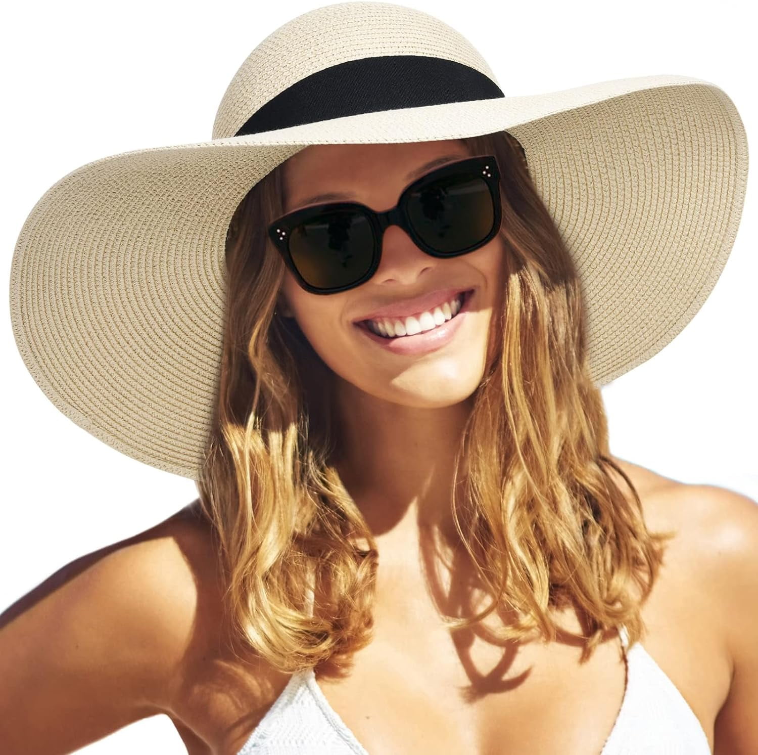 Womens Sun Straw Hat Wide Brim UPF 50 Summer Hat Foldable Roll up