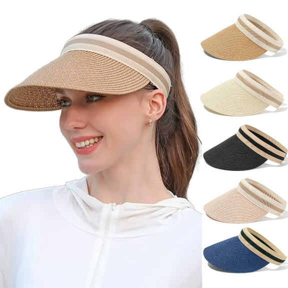 Womens Sun Visor Hat Straw Sun Visors for Women Summer Packable Ponytail Beach Hats for Women Travel UPF 50 