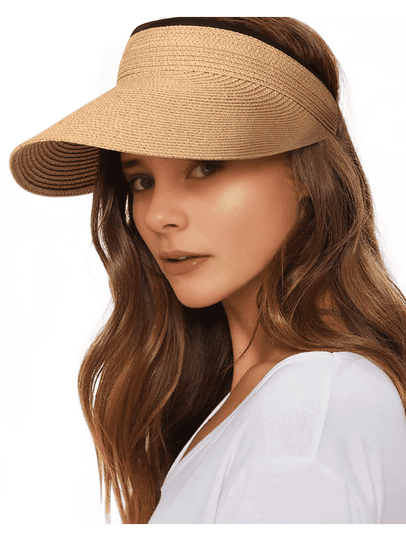 Womens Sun Visor Hat Straw Sun Visors for Women Summer Packable Ponytail Beach Hats for Women Travel UPF 80+