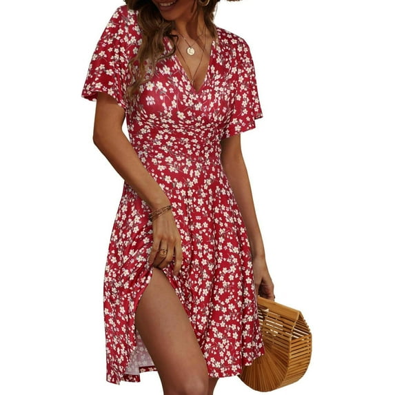 Womens Sundress 2025 New Summer Floral Short Sleeve Wrap V Neck A-Line Midi Dress