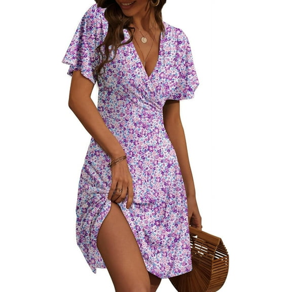 Womens Sundress 2025 New Summer Floral Short Sleeve Wrap V Neck A-Line Midi Dress