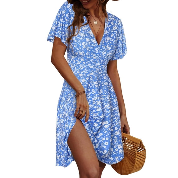 Womens Sundress Summer Floral Short Sleeve Wrap V Neck A-Line Midi Dress Flower 2 M