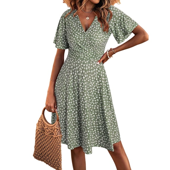 Womens Sundress Summer Floral Short Sleeve Wrap V Neck A-Line Midi Dress Flower 3 L