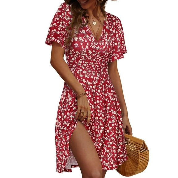Womens Sundress Summer Floral Short Sleeve Wrap V Neck A-Line Midi Dress