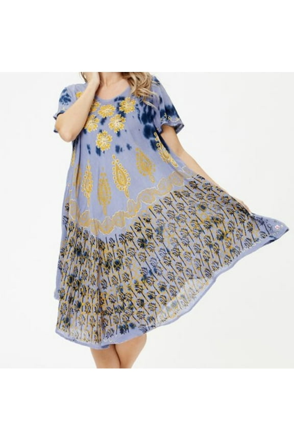 Womens Sundress Tie Dye Design Casual Summer Dress A-line Short Sleeves Hippie Style Boho Bohemian Beach Cruise Vacation Wear