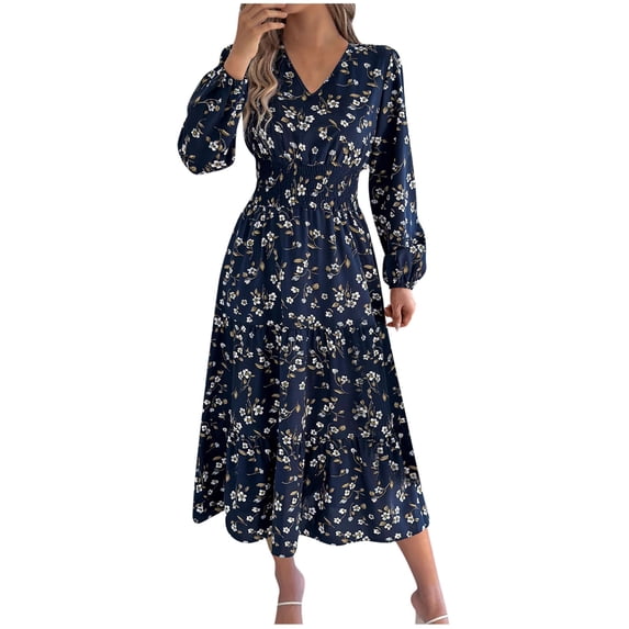 Womens Sundresses Flowers Print V-Neck Long Sleeves Ruffles Dress A-Line Party Dress with Pockets