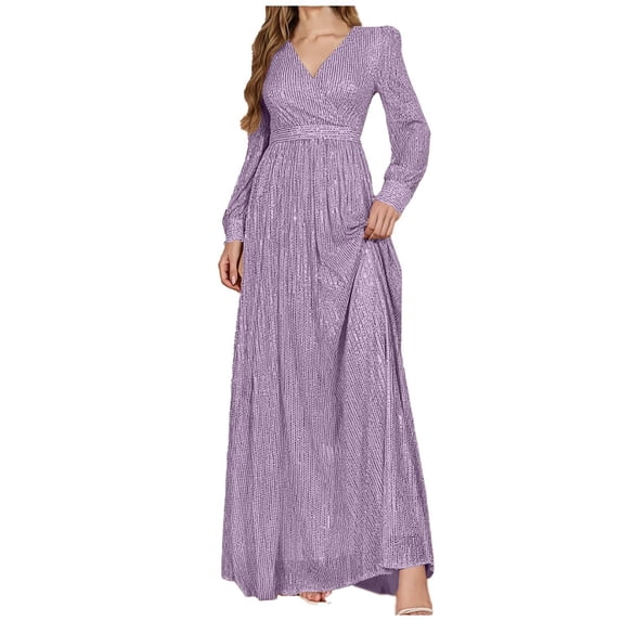 Womens Sundresses Ladies Fashion Long Sleeve Dress V-Neck Solid Long Dress Sequin Floral Vocation Beach Sundress