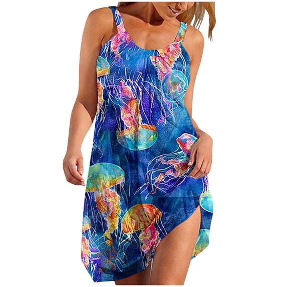 Womens Sundresses for Summer Casual, Women's Fashion Sexy Vintage Round Neck Sleeveless Printing Party Dresses Sleeveless Swing Dress Beach Swimsuit Cover Ups with Pockets 5 Dollars